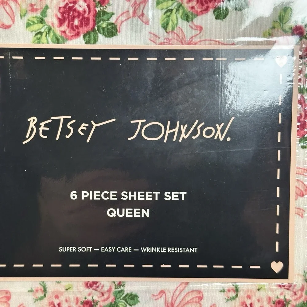 Betsey Johnson Queen Sheet Set Pink Rose Bow Coquette 6 Piece Bedding New‎
